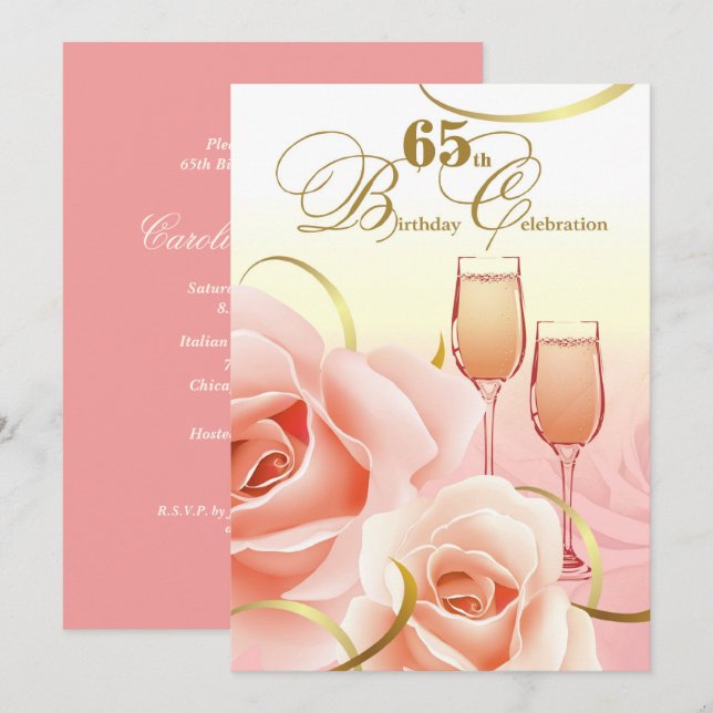 65th Birthday Celebration. Pink Peach Roses Invitation (Front/Back)