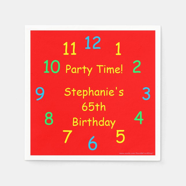 65th Birthday, Clock, Name, Red Paper Napkins (Front)
