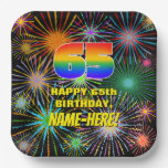 [ Thumbnail: 65th Birthday: Colorful, Fun Celebratory Fireworks Paper Plates ]