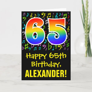 65th Birthday: Colorful Music Symbols + Rainbow 65 Card