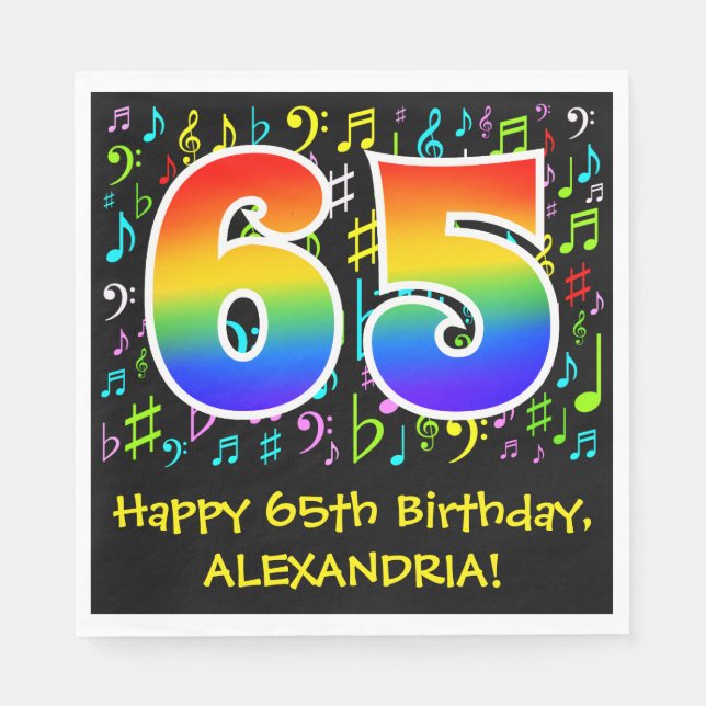 65th Birthday - Colorful Music Symbols, Rainbow 65 Napkins (Front)