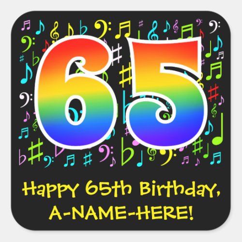 65th Birthday Colorful Music Symbols Rainbow 65 Square Sticker
