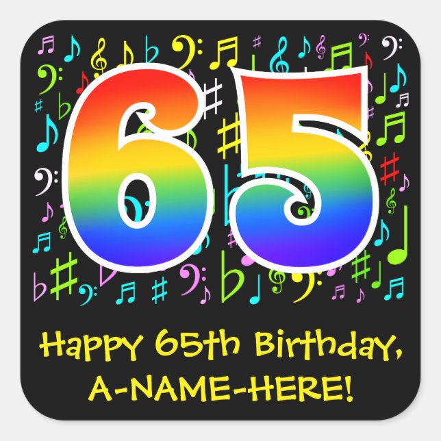 65th Birthday: Colorful Music Symbols, Rainbow 65 Square Sticker (Front)