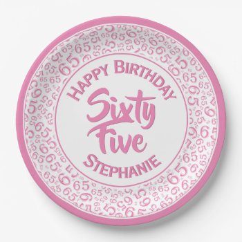 65th Birthday Cool  Number Pattern Pink And White Paper Plates by NancyTrippPhotoGifts at Zazzle