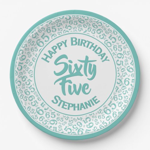 65th Birthday Cool  Number Pattern TealWhite Paper Plates