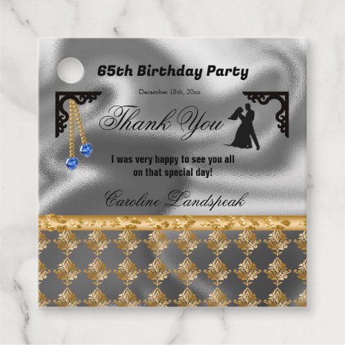 65th Birthday Damask  Blue Gems Thank You Favor Tags