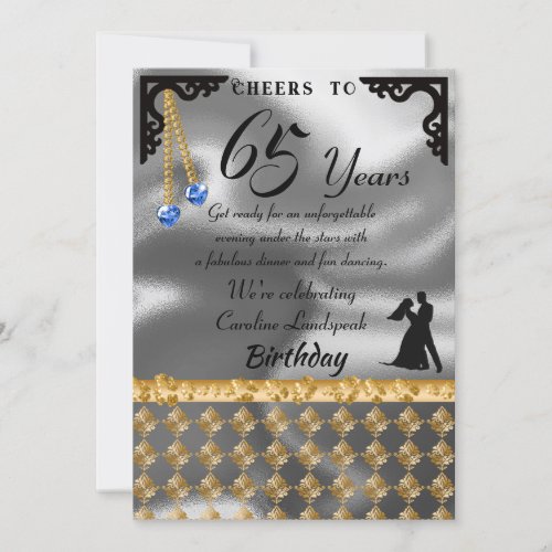 65th Birthday Dance Party Silver Foil Blue Heart Invitation