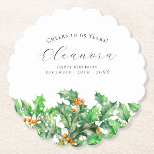 65th Birthday December Birth Flower Holly Custom Paper Coaster