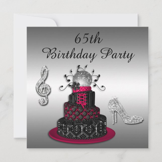 65th Birthday Disco Diva Cake and Sparkle Heels Invitation (Front)