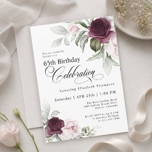 65th Birthday Elegant Floral Burgundy Blush Pink Invitation
