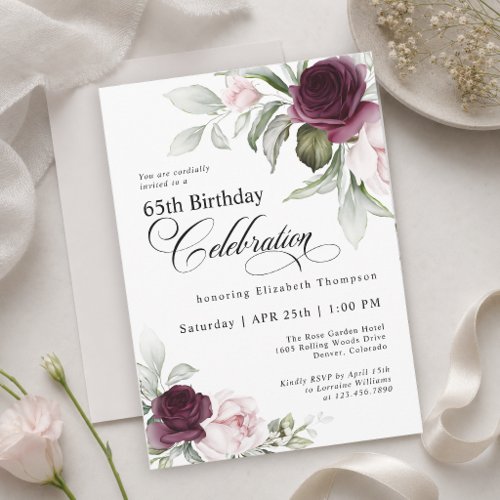65th Birthday Elegant Floral Burgundy Blush Pink  Invitation