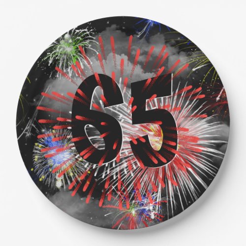 65th Birthday Fireworks In Clouds Paper Plate