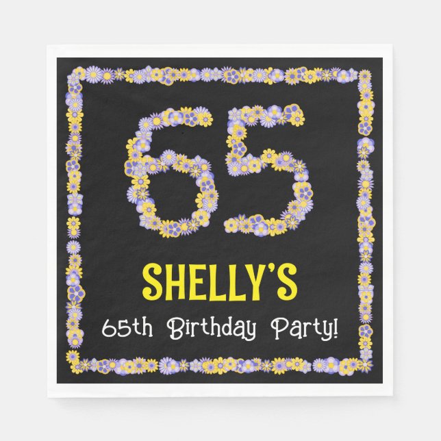 65th Birthday: Floral Flowers Number, Custom Name Napkins (Front)