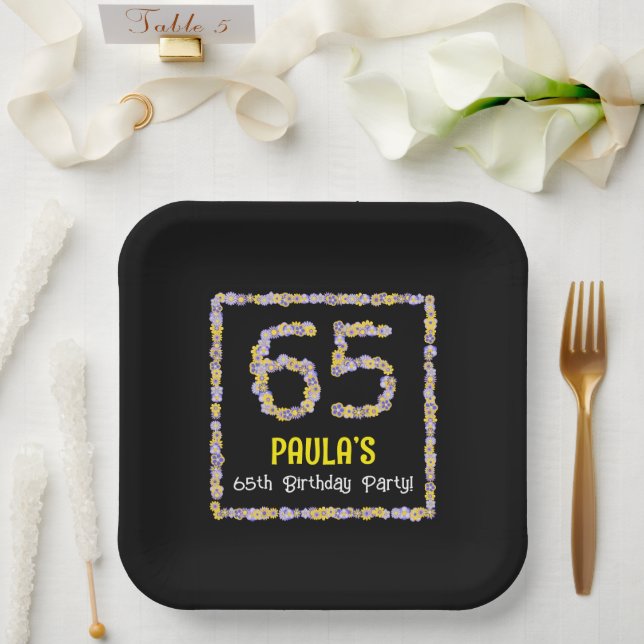 65th Birthday: Floral Flowers Number, Custom Name Paper Plates (Wedding)