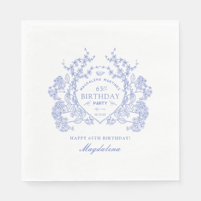 65th Birthday French Blue Floral Crest Custom Napkins (Front)