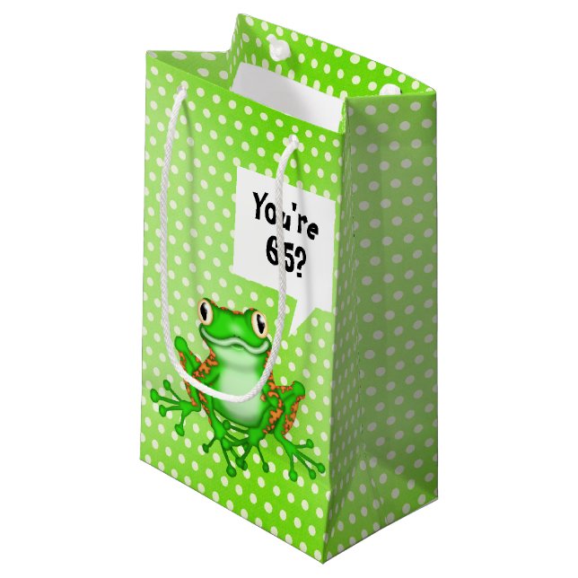 65th Birthday Frog on Polka Dots Small Gift Bag (Front Angled)