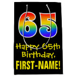 [ Thumbnail: 65th Birthday: Fun, Bold, Colorful, Rainbow "65" Gift Bag ]