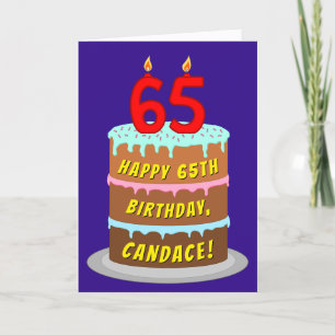 65th Birthday: Fun Cake and Candles + Custom Name Card