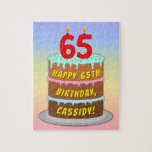 [ Thumbnail: 65th Birthday: Fun Cake and Candles + Custom Name Jigsaw Puzzle ]