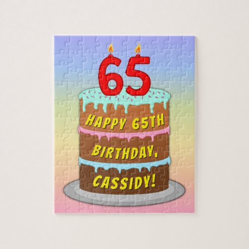 65th Birthday Fun Cake and Candles  Custom Name Jigsaw Puzzle
