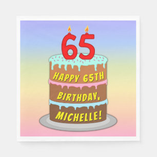 65th Birthday: Fun Cake and Candles + Custom Name Napkins