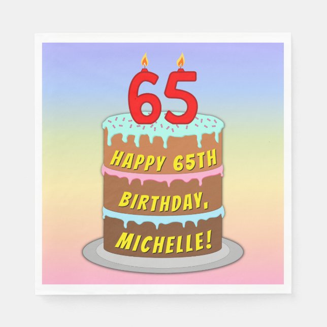 65th Birthday: Fun Cake and Candles + Custom Name Napkins (Front)