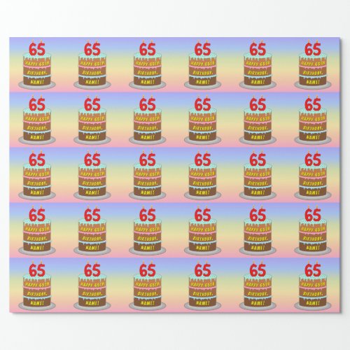 65th Birthday Fun Cake and Candles  Custom Name Wrapping Paper