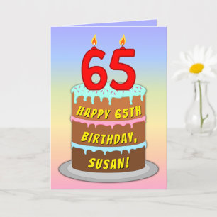 65th Birthday — Fun Cake & Candles, w/ Custom Name Card