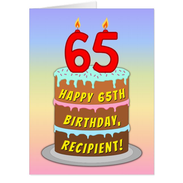 65th Birthday: Fun Cake & Candles, w/ Custom Name Card (Front)