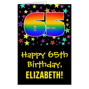 65th Birthday: Fun, Colorful Stars + Rainbow # 65 Card