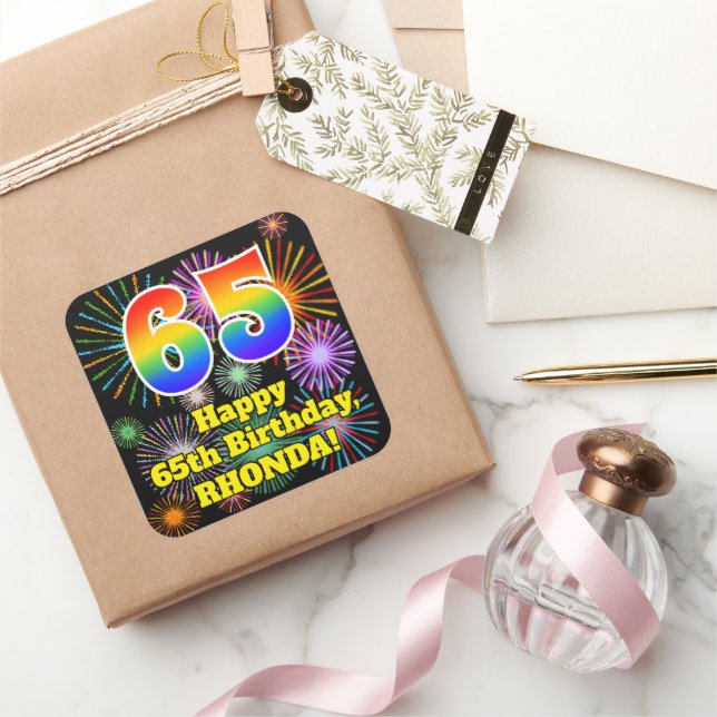65th Birthday: Fun Fireworks Look, Rainbow # 65 Square Sticker (Gifting)