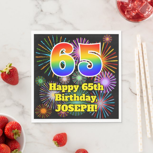65th Birthday: Fun Fireworks Pattern + Rainbow 65 Napkins (Insitu)