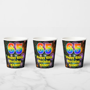 65th Birthday: Fun Fireworks Pattern + Rainbow 65 Paper Cups