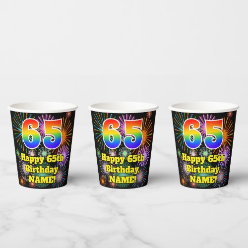 65th Birthday Fun Fireworks Pattern  Rainbow 65 Paper Cups