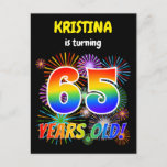 [ Thumbnail: 65th Birthday - Fun Fireworks, Rainbow Look "65" Postcard ]