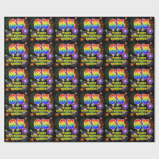 65th Birthday: Fun Fireworks, Rainbow Look # “65” Wrapping Paper (Flat)