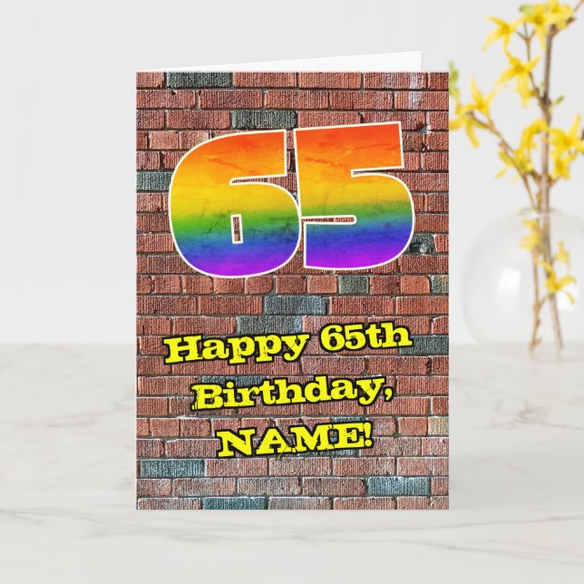 65th Birthday: Fun Graffiti-Inspired Rainbow 65 Card (Yellow Flower)