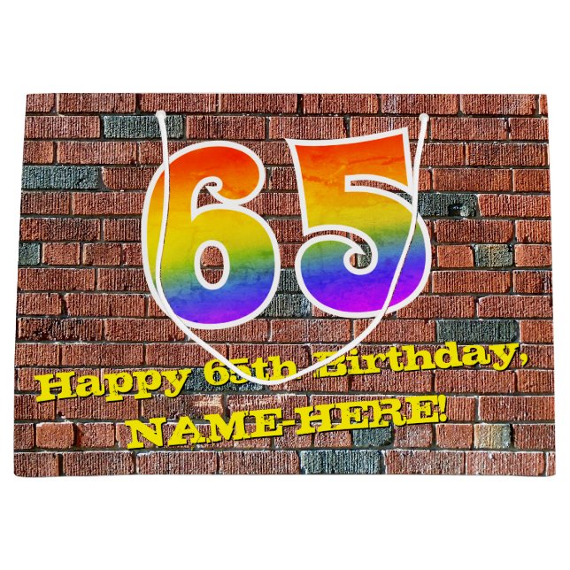65th Birthday: Fun, Graffiti-Inspired Rainbow # 65 Large Gift Bag (Front)