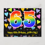 [ Thumbnail: 65th Birthday: Fun Hearts Pattern, Rainbow 65 Postcard ]