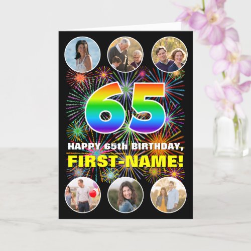 65th Birthday Fun Rainbow  Custom Name  Photos Card