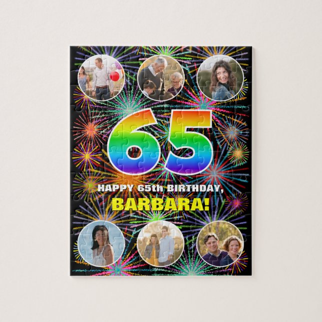 65th Birthday: Fun Rainbow #, Custom Name + Photos Jigsaw Puzzle (Vertical)
