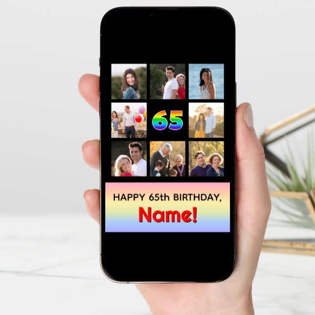 65th Birthday: Fun Rainbow #, Custom Photos + Name Card (Front Digital)