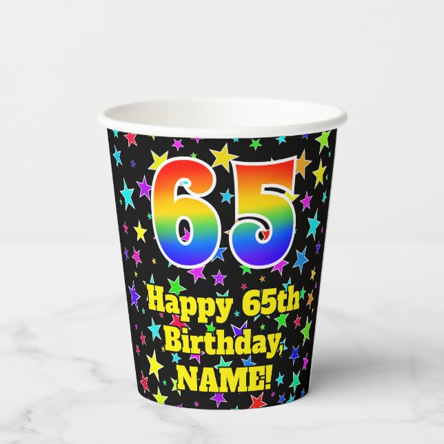 65th Birthday: Fun Stars Pattern and Rainbow 65 Paper Cups (Back)