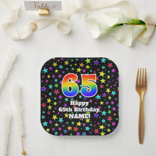 65th Birthday: Fun Stars Pattern and Rainbow “65” Paper Plates