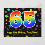 [ Thumbnail: 65th Birthday: Fun Stars Pattern, Rainbow 65, Name Postcard ]