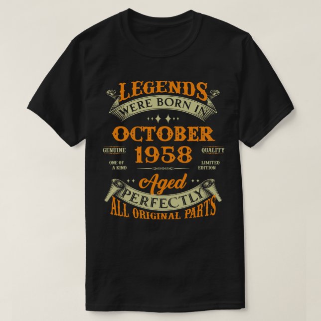 65th Birthday Gift Legends Born In October 1958 65 T-Shirt (Design Front)