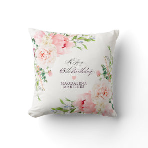 65th Birthday Gift Pink Floral Personalized Throw Pillow