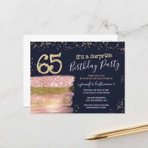 65th Birthday Glitter Cake Surprise Party Postcard