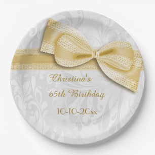 65th Birthday Gold Damask and Faux Bow Paper Plates