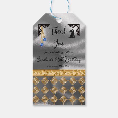 65th Birthday Gold Damask Blue Heart Silver Foil  Gift Tags